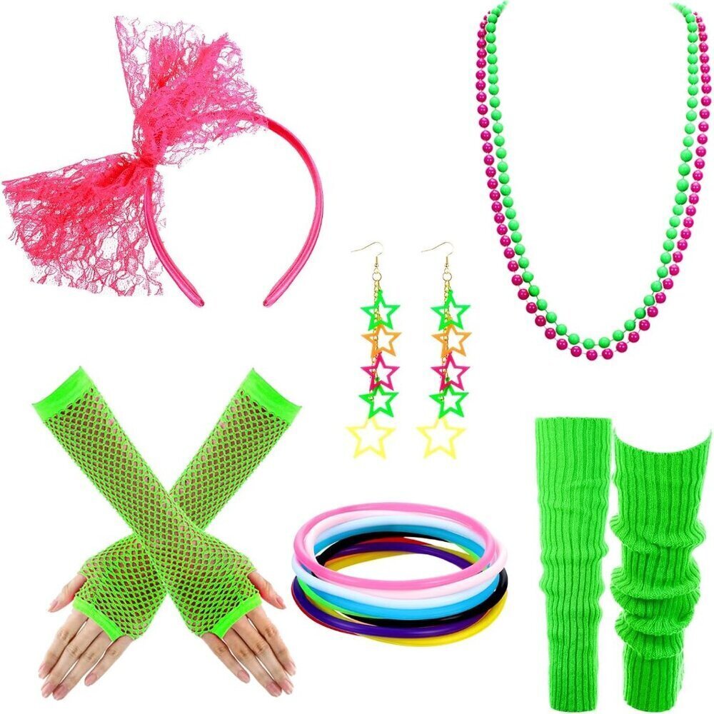 80s Costume Accessories Women Lace Headband Earrings Fishnet Gloves Leg Warmers
